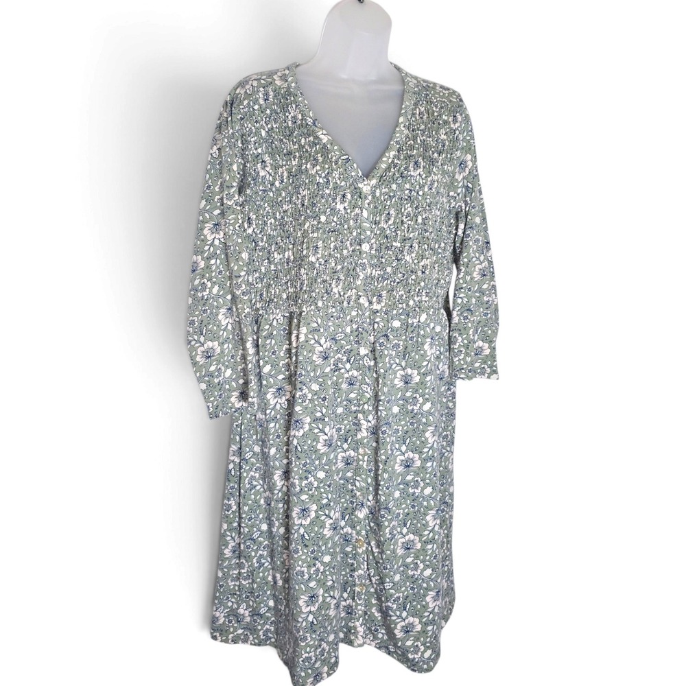 J. Jill Sage Green Floral Smocked Midi Dress Long Sleeve Button Front Size L